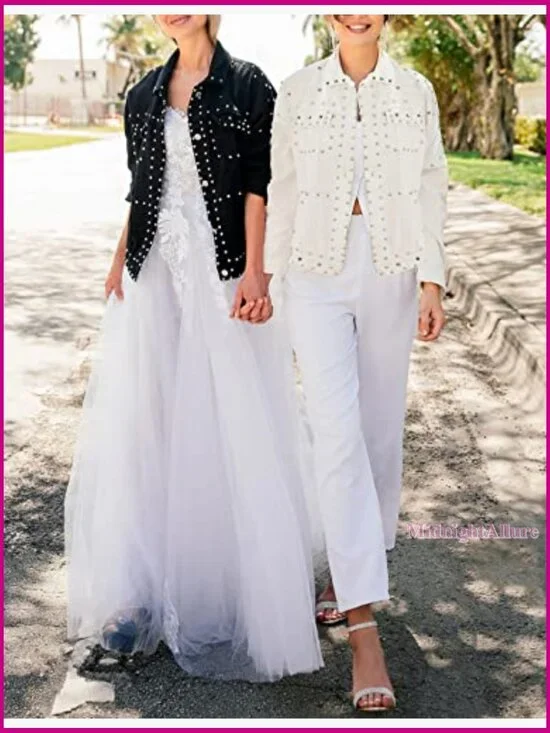 Distressed Denim Jacket with Fringe Studded Details Crop Fit - Picture 6 of 7